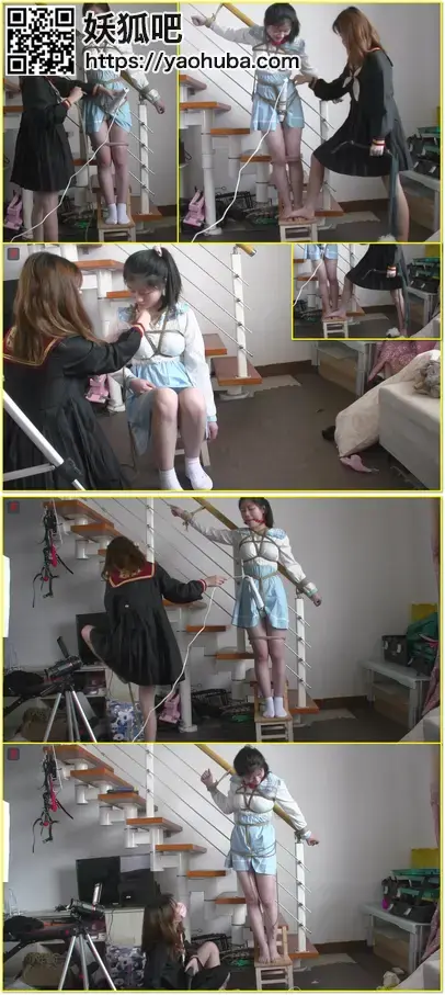 点点虐四月，“绳师”点点出道之作：两个小女孩之间的TJ游戏，白袜JK楼梯捆绑丰满小绳奴四月、口球，TK、鞭打、TJ  