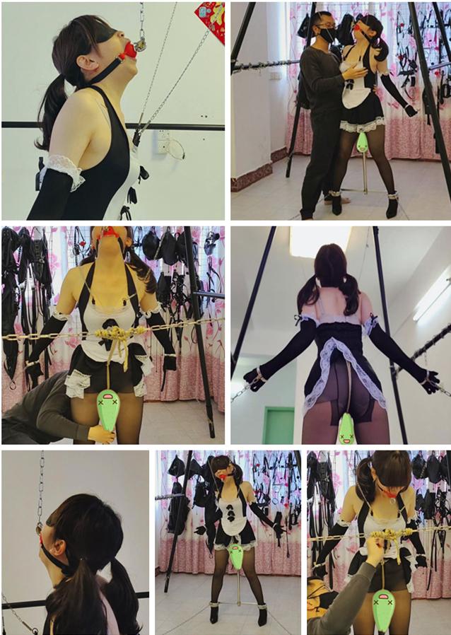 m只能靠着口球和乳夹吊着来保持平衡，想想就刺激 装扮服饰：情趣女仆装，黑丝，超高跟。<br>拘束工具：不锈钢T型开叉器强制开腿固定脚镣，乳夹，带环口球，手铐，脚铐。<br>拘束要点和行动的影响：一T型脚镣：非常羞耻的双脚分开固定架，中间是可以伸缩的震动木奉，m被这件神器固定后，那是只能乖乖的原地站着，坐不下去，脚也抬不起来，被无情的强叉着，双脚稍微忍受不住的弯曲，就会被震动木奉无情的顶的更深更紧，只能无奈被迫的踮着脚，在痛苦和酥麻中不断的循环，只剩原始欲望的驱动着身体。二带环超大口球：锁上直径5厘米的超大口球，被极限尽可能高的吊着，头被迫高高仰起，像被对待母狗一样，嘴被强制开的越大，口水越止不住的往外流，舌头被紧紧的压住，声音更加含糊不清，羞辱的调教刺激让m内心崩溃，变成一只银荡的母狗倖奴，一个可爱的美女锁着口球流着口水呜呜的叫声，像是在勾引和挑逗着下面。三乳夹：黑色的大螃蟹乳夹，紧紧的咬着m的两颗葡萄，贪婪的吸舔着，m剧烈的挣扎，每一次挣脱都会迎来了被旋转的夹的更紧回应。四前后左右的手脚分开：看似轻松，但实际却是非常难受的姿势，反手后拉，双脚被往左右锁住，身体很容易向后倾倒，m只能靠着口球吊着，乳夹拉着敏感的ru头来保持平衡，想想就刺激。<br>内容：吊架下，m凄美的被各种刑具耻辱的锁上，被设计成满足主人倖欲的姿势，绝望金属固定拘束，不管怎么挣扎，都是徒劳的，主人满意的看着自己的杰作，拿起鞭子和震动木奉.....<br>总结：内容非常精彩，今夜有撸点。<br>-----浅浅原创(出原味内裤丝袜)qq:773756723 微信: qian773756723 腾讯微云链接：<span style='color:#b0b0b0;'>[隐藏文字，购买后可见]</span> 解压密码：7667