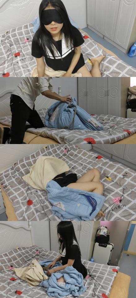 -《包裹挣脱》-《定拍》妹子身穿jk被被子包裹系紧出口再被装进麻袋系紧袋口自己想办法挣脱出来+自行装进麻袋被系紧袋口自己挣脱出来  