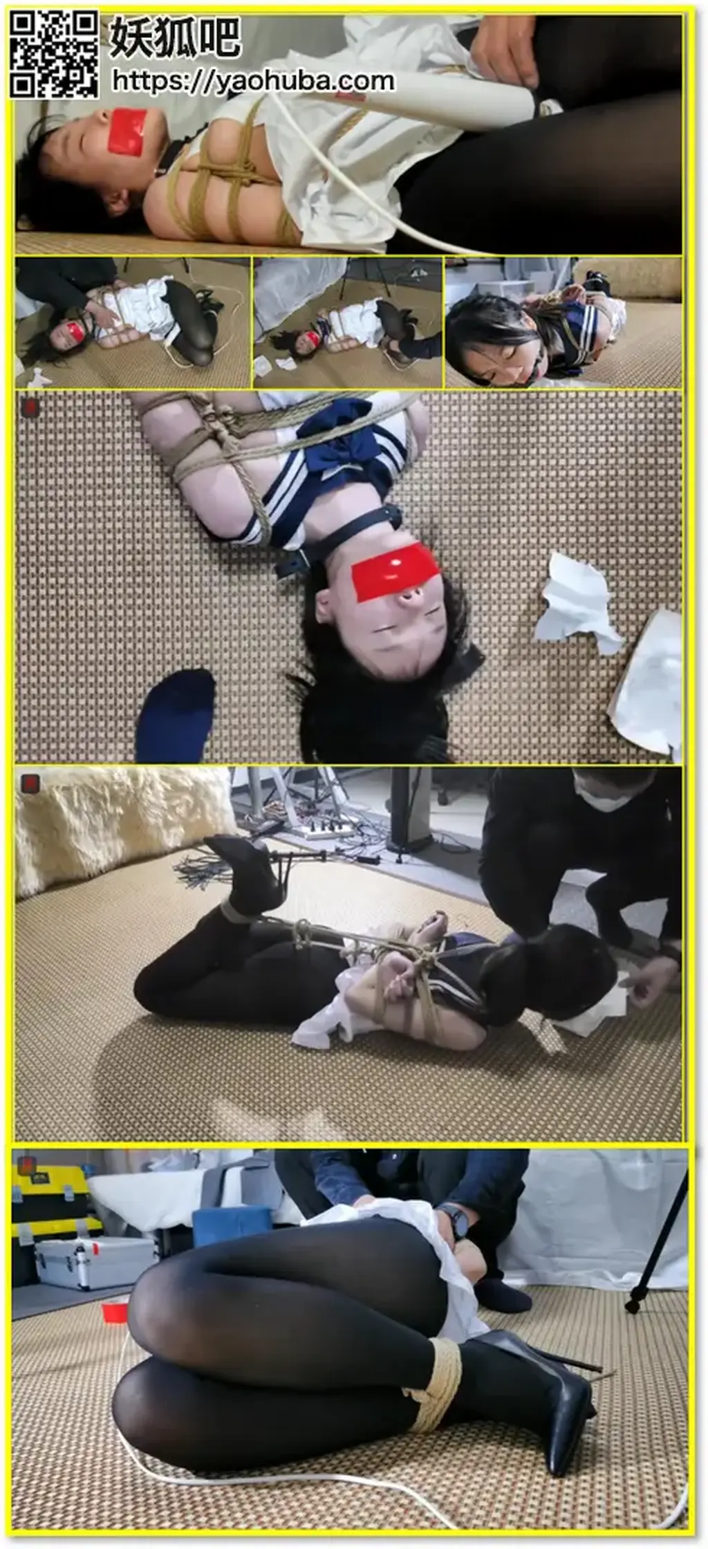 新人小软首次大胆挑战尺度极限的TJ：黑丝裤袜、情趣水手裙游戏下集：驷马捆绑、口球、胶带封嘴，重度蹂躏嫩樱桃，少女不堪承受的强高折磨 A high-intensity bondage challenge featuring black stockings, pantyhose, a sailor-style skirt, hogtie restraints, a ball gag, tape gagging, severe abuse, and forced climax.