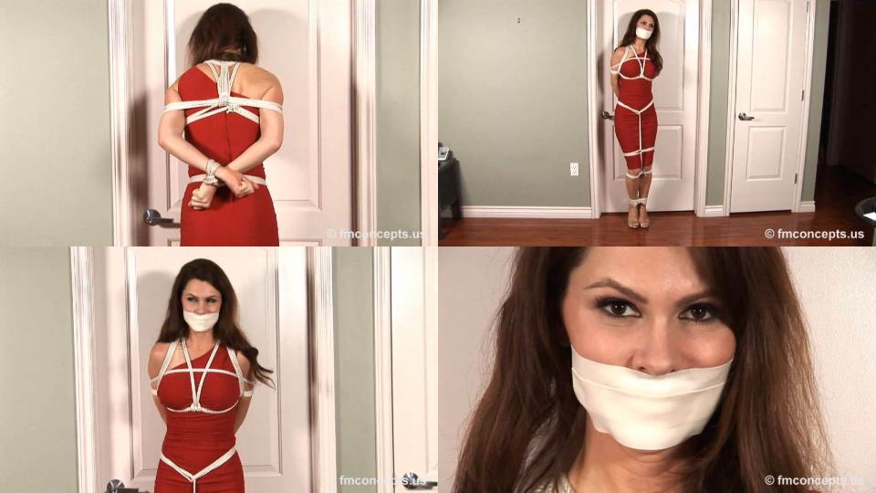Holly Manning - Scene 4 of Appointment With Bondage <span style='color:#b0b0b0;'>[隐藏文字，购买后可见]</span><br><br>Bright brown eyes flashing above her tape-gag, luxuriant brown hair flowing over her shoulder, rope-framed bosom straining under a tight red dress, curvaceous hips accentuated by a tight rope web, bare toes peaking from open-toed heels -- that's Holly Manning as she stands straining in cautious defiance of her bondage! As Holly twists and turns, she reveals more details of the ropework controlling her, most significantly when she turns her back and flexes the crossed wrists hitched to a waist rope at the heart of her subjugation!