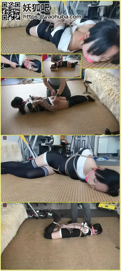 有点叛逆有点野，娃娃超短裙、长筒黑丝，直臂驷马，耻辱TJ（练了一天舞蹈，晚上又去网吧玩了一个通宵，接着过来拍摄，这丫头的脚丫把我熏得够呛） A doll-like woman in a very short skirt and long black stockings is subjected to straight-arm four-point bondage and humiliating foot play after a full day of dancing and an all-night gaming session.