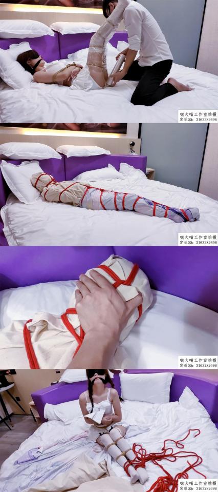 -《花式全包》-全身绑好再保鲜膜裹住+丝袜勒嘴+再麻袋套着裹住上半身+布块包裹下半身+然后再蛇缚从脚到头捆着固定好+头部勒的太紧多次不好呼吸+解开棒棒刺激+放置挣扎等等  