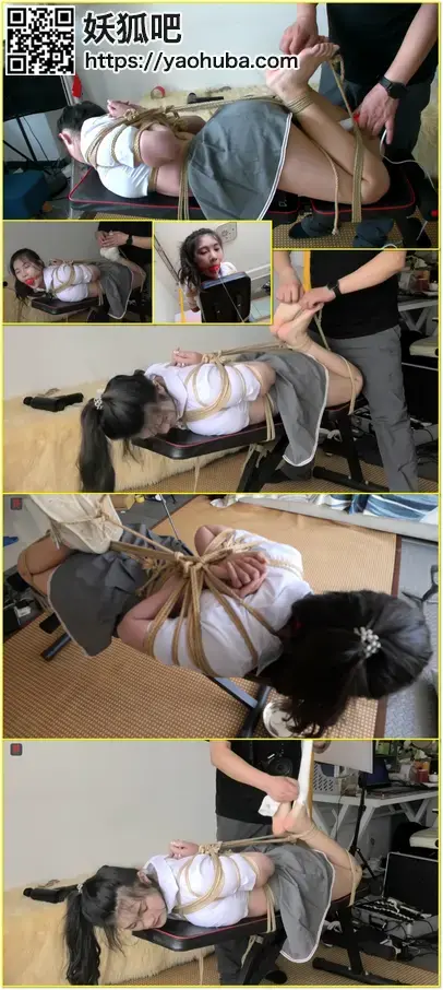 胸猛美少女童瑶绳艺初体验第三集：脱鞋脱袜玩嫩脚，大口球、口水收集，TK游戏各种挠、无助挣扎，突然的初震、敏感又矜持的女孩 Adult performer Tong Yao undergoes shoe and sock removal, bare-foot play, ball-gagging, saliva collection, tickling, and helpless bondage struggles.