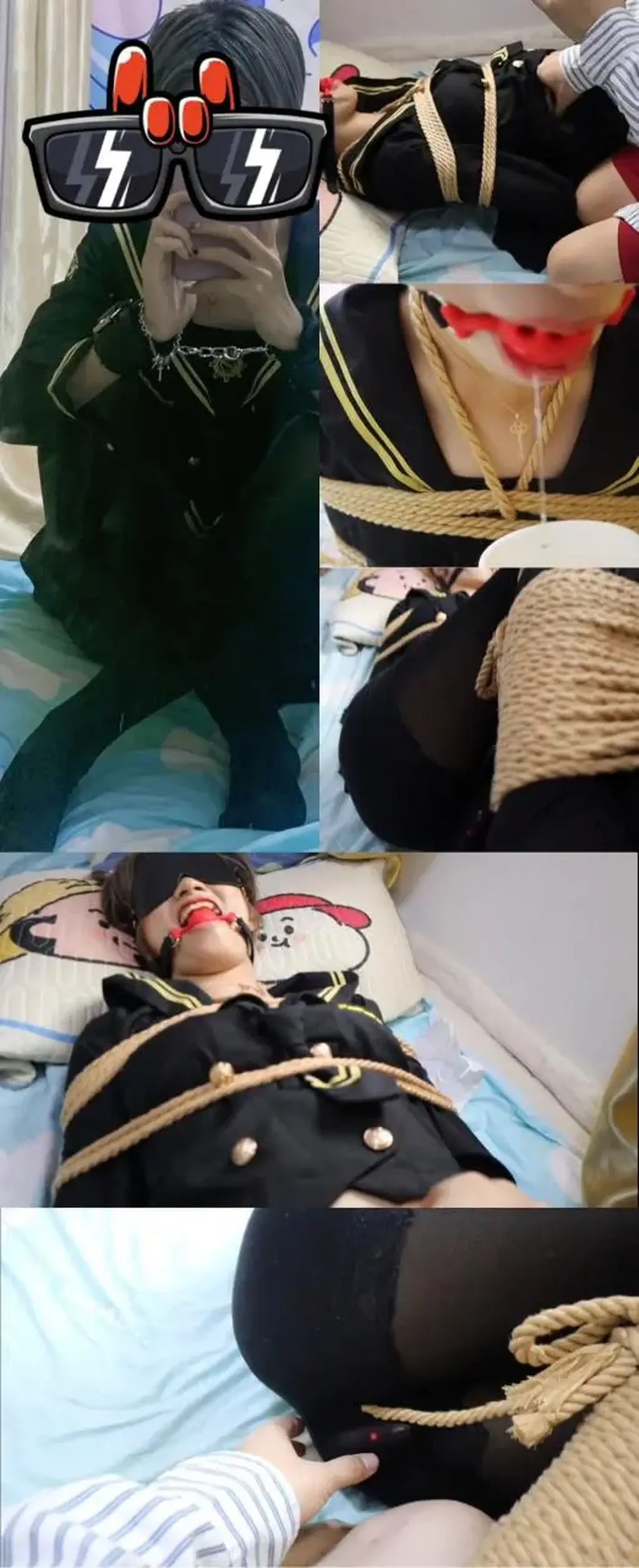 【荷仙少女】短发黑丝JK女孩的调教口水收集录——小玩具震完又tk挠 ，tk挠完又震，一直带着口球喊叫，命令酷girl 带着口球收集口水，好不容易收集完，听说要自己喝掉吓坏啦 伙伴说白丝太多黑丝太少，那就来一个黑丝超酷的girl吧！<br>首先把黑丝jk少女的手带上铐镣，接下来结结实实的绑的紧，腿上缠绕了十几圈，<br>这下彻底动不了啦，慢慢摸上酷女孩的上半身，发出了杀小猪一样的哭叫声，哭完又笑，<br>玩具又发出迫使少女发出呻吟，连裤黑丝yyds <br>但是反应似乎不是很大呀，看来是收拾的还不够厉害<br>嘻嘻，用小鞭子打几下应该不介意吧 <br>啪啪，哼哼呜呜呜呜呜呜，，最后问了问酷girl 生气了没， 酷girl带着口球心里 ？？？ <br>，此作品也可用于换攻略 需要交友约绑攻略可直接加qq2629810035 解压码HXSN 改后缀为mp4<br>只加妖狐吧的伙伴 其余不通过<br><br>