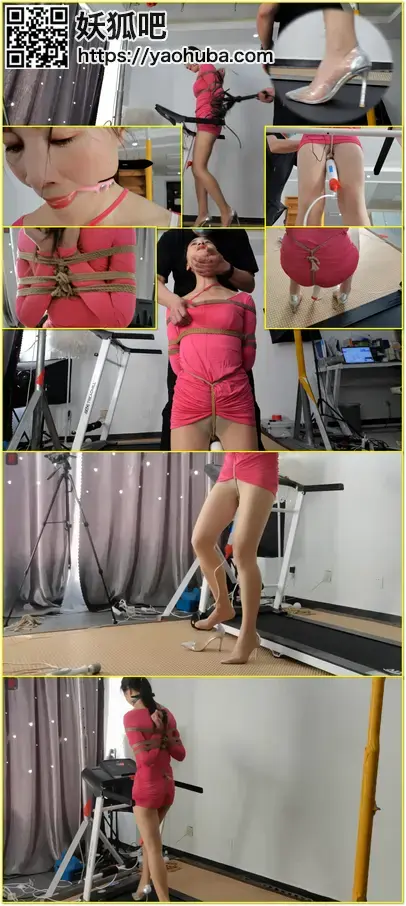 菲菲，绳模的专属健身方式第二部第二集：肉丝、透明超高、后观音捆绑健身，恼人的股绳和棒棒，口球、口水和汗水以及颤抖的双腿 An adult rope model undergoes rear-facing bondage training in flesh-colored stockings and high heels, with crotch rope, vibrator, gagging, saliva, sweat, and trembling legs.