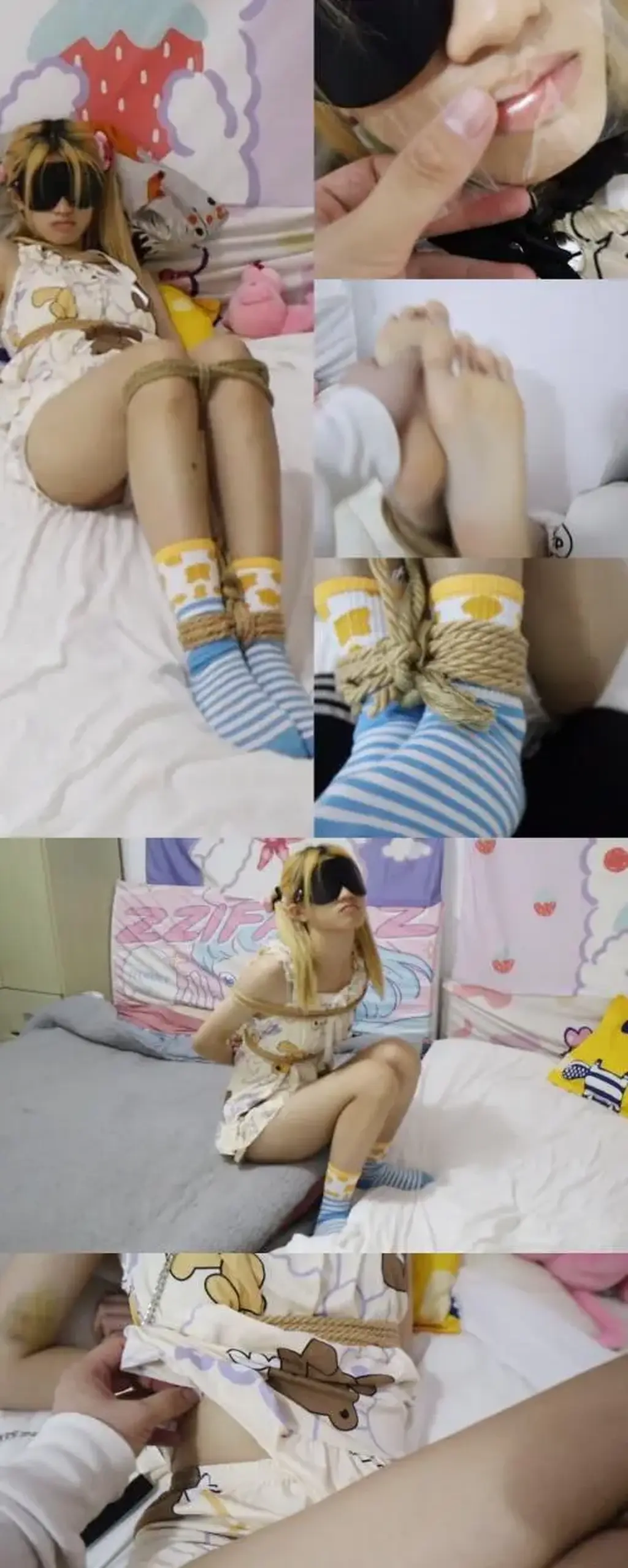 【荷仙少女】敏感的双马尾少女欣妹睡前的捆绑故事，敏感的怕痒点的袭击导致马尾少女只能不停的笑着救命求饶 睡觉前也要被绑啊<br>剧情描述的简介是对伙伴们最基本的尊重<br>双马尾少女都换好睡衣和花棉袜准备睡觉了，没想到在睡觉前还要被绑啊！<br>绑好之后这下更动不了啦（因为身体之前走路被摔伤了）<br>试探性的抚摸  （完全为自己真实反映）<br>慢慢的把透明胶带粘在嘴巴上后又强行撕开<br>慢慢掀开衣服的一角 开始摸遍身体<br>激的欣妹儿，哼哼唧唧的呻吟，要求不点头就继续欺负她，敏感的怕痒点的袭击导致只能不停的笑着救命求饶,<br>又把马尾妹妹压在身下，，开始在腋下等地方害的她喊着救命呀救命，一面又被挠的笑了笑，露出超甜美的笑容，<br>后面挠着花棉袜的小脚，似乎不是很过瘾，<br>连忙把袜子脱下来露出光滑的裸足，让裸足慢慢的滑过指尖，感受触摸的乐趣<br>最后再解开束缚，小宝贝，好好的睡一觉吧<br>感谢伙伴们的支持<br>解压HXSN<br><br>