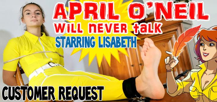 SPECIAL CUSTOM REQUEST : APRIL O'NEIL WILL NEVER TALK starring LISABETH 购买链接：<span style='color:#b0b0b0;'>[隐藏文字，购买后可见]</span>This is a special clip we made with Lisabeth due to a custom request where it was asked the famous "April O'Neil" Foot Tickling scene.<br>Lisabeth wears April's outfit and she's tickled on her bare feet in the same way as in the cartoon with feathers, fingers and different tickle tools.<br>Fortunately Lisabeth is as ticklish as the original character so the clip is very fun.<br>The session is in ENGLISH LANGUAGE due to the request we had.<br>If you have a special fantasie with the ticklish April O'Neil we made this long clip for you.