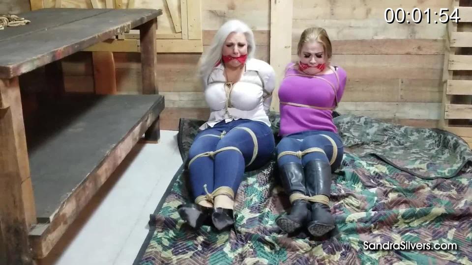 2814 Sandra Silvers, Whitney Morgan, with a Caroline Pierce cameo Tight Jeans and Tight Ropes - Part Two - Denim Damsels-in-Distress Duo!<br><br><br>After wrangling denim-clad, curvaceous captive Sandra Silvers into his hideout way out of town, where not a soul comes by, the hulk of a harasser had left her to struggle all alone (take a look at Part One!) Not worried in the least of her wriggling out of her ropes, tied tightly over skin tight jeans and white blouse, confident his knots were inescapable. After an indeterminable amount of time, no windows giving a peek at sunshine or moonlight, the busty broad bound on the floor finally heard movement, and recognized the sound of high heels being hopped towards her. Back again, the broad shouldered brute had brought Sandra company, in the fine form of cute and curvy Whitney Morgan! Similarly dressed in blue denim, knee high leather boots cinched together at the ankles, Whitney is classically tied just like Sandra, with a matching bandana cleave gag between her lips. Left once more the damsel in distress duo roll on the floor, unable to escape from their unknown fate, and wondering who else may join them… <br><br><span style='color:#b0b0b0;'>[隐藏文字，购买后可见]</span>