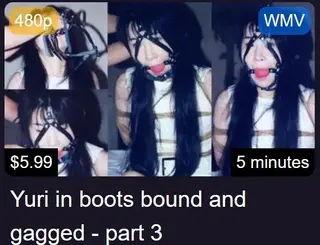 隶娘 Yuri in boots bound and gagged - part 3 隶娘视频https://www.clips4sale.com/studio/44327/bondage-japan---reijoh-shashinkan/Cat0-AllCategories/Page1/ClipDate-desc/Limit24/，Yuri in boots bound and gagged - part 3，这个是part3,前面还有part1和part2，后面还有part4，但是都不好看，这个part3比较好看。也是在官网上购买的5.99美元，还是挺贵的，第一个搬运的视频。