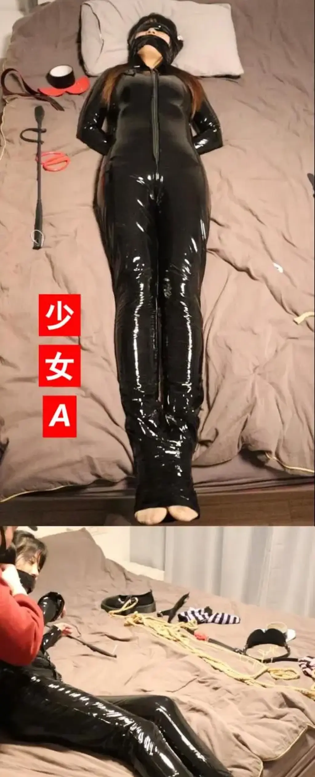 【荷约】少女A的胶衣特工之旅 双角度吓唬活泼可爱的A  隔着胶衣挠抚摸还是这么敏感 再乱动就打你哦 啊 啪一下 直接一鞭子抽在床边吓唬这个小特工<br>你不要欺负我啊 我可是特工来的 啪！一下啊啊啊啊啊啊<br>少女直接发出尖叫 我是有组织的啪！啊啊啊啊啊啊啊<br>死了一个我还有千千万万个我！啪 啊啊啊啊啊啊<br>要不要在肚子上打一下呀 还没见鞭子放下去就直接听见哭喊了 不要啊啊啊<br>又狠狠直接打在了脚底板上 啊啊啊啊<br>开不开心啊 小特工 摸边她的全身，又因为被挠到了地方直接不知主的笑了起来<br><br>刚笑起来，又变成了鞭子打，气的少女直接骂人了 你大爷！ <br>敢骂我啪啪啪又是几鞭子啊啊啊啊<br>啊啊啊啊就打几下碰碰，<br>就打两下 好圆的屁股啊 打两下吧，<br>不要啊啊啊啊啊 结果打了好几下<br>两下好啦 别再打啦<br>现在上小特工，自己解开脚上的胶带，少女特工直接转来转去解开了<br>露出两只肉色丝袜小脚，直接开始第二轮的挠TK欺负吧<br> 把两只脚高高的盘起来，把玩这特工少女的超敏感的身体的丝袜小脚<br>看着来回挣扎的特工少女，好开心<br><span style='color:#b0b0b0;'>[隐藏文字，购买后可见]</span>加<br>
