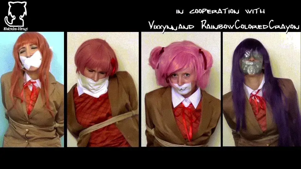 Video Doki Doki Club Original Damsels: Monika, Sayori, Natsuki and Yuri<br><br>The model is over 21. Dont post or upload our video some where else or we´ll go for legal consequences!<br><br>A boy buyed a new Game for his laptop today... And its called Doki Doki Literature Club, he heared some rumors about the game... That strange stuff could happen if you play it and the game came to life... But more attracting are the 4 cute girls you can date in this game!<br><br>He immediately started the game and a girl named Monika introduced him to the Literature Club and the cute girls Sayori, Natsuki and Yuri! And suddenly it seems hes in the game... Or the girls are real?!? So he started hanging up with Sayori, Natsuki and Yuri. They had a lot of fun toghter, but it seems Monika was a bit jealous about the other girls... And since the boy seemed not interesstet in dating her, she decides to take action against the other girls!<br><br><br>Video includes: Three damsels at the same time!!!, plastergag, silvertapegag, tape blindfold, over the mouthgag, rope bound, socked feer, shoes/school slippers, saparte tied, tied together, hotied, kneesocks, overknee socks, struggling, moaning, gagtalk, on screen gagging in the bloopers (see the girls gagging each other ;D), bloopers<br><br><br>Video Length: 25:36 Minutes
