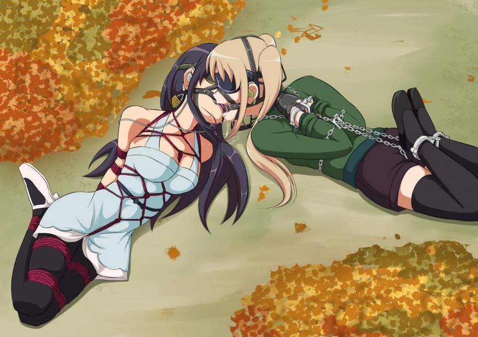  [Pantyhose,Tortoise shell tie,Hogtie (Lying on stomach),Gag,Breast bondage,Handcuff,Japanese Anime,Anklet,Ball gagged]