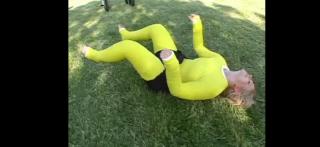 Yellow bodycast Girl trying bodycast all over her body with plaster and yellow bandage