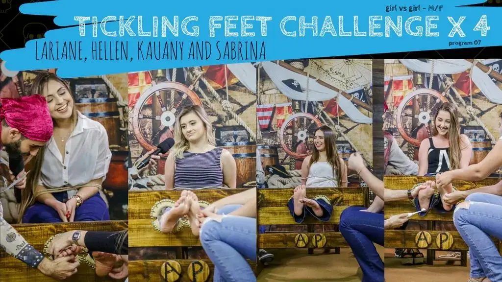andando na prancha : Tickle feet challenge with four girls - feet's in danger (program 07 - Lar andando na prancha : Tickle feet challenge with four girls - feet's in danger (program 07 - Lariane, Hellen, kauany and Sabrina)<br>Andando na Prancha：四个女孩的挠痒痒的脚挑战 - 脚处于危险之中（计划07-拉里安（Lariane），海伦（Hellen），考恩（Kauany）和萨布丽娜（Sabrina））<br><br>The four beautiful girls of program 07 in a single vídeo<br>added on August 27, 2018<br><br>Lariane, Hellen, Kauany and Sabrina are captured by the pirate deck and their feet are placed in medieval stocks, ready for a tickle punishment in this terrible game show<br><br>拉里安（Lariane），海伦（Hellen），考恩（Kauany）和萨布丽娜（Sabrina）被海盗甲板捕获，他们的脚放在中世纪的股票中，准备在这场可怕的游戏表演中接受tick罚惩罚<br><br>Included:<br>Girls Tickling Challenge - Program 07 (Lariane)<br>Girls Tickling Challenge - Program 07 (Kauany)<br>Blonde tickling feet challenge (Sabrina) 'merciless torture' - Program 07<br>Hot Blonde tickling challenge (Hellen) - Program 07<br><br>Format: mp4 file, HD 1280x720.<br>Size: 191 MiB<br>Duration: 25 min 25 s<br>Category: Game show tickling, tickle feet, tickle f/f, tickle m/f, barefoot girl, feet jeans, boots, electric toothbrush, stocks. <br><br>类别：游戏表演挠痒痒，脚挠，tickle f/f，tickle m/f，赤脚女孩，脚牛仔裤，靴子，电动牙刷，股票。<br><br>