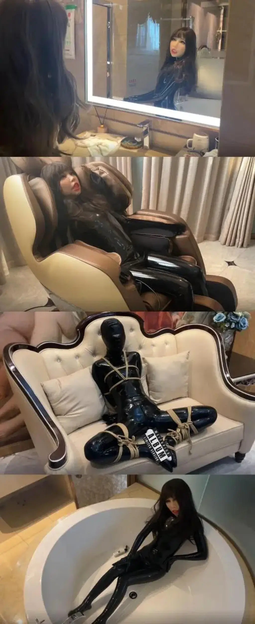 【FXX】胶衣欲桃娃娃的自我TJ与修养 这是一个不一样的视频<br>难得小晓主动提穿胶衣玩欲桃<br>她说把自己包装成另一个人就可以毫无底线的释放天性<br>一番打扮后 变装后的欲桃开始自己的日常操作 看看电视 浴缸玩润滑剂搞得一身都是然后又自己洗干净自己新皮上的黏液<br>洗完澡还挺自觉的去按摩椅上享受享受<br>完事找到木奉迫不及待的来了一波震动gc<br>精疲力竭后 换上乳胶头套乖乖的给捆上强制gc<br>等玩到心满意足后蜕去胶衣洗漱休息<br><br>