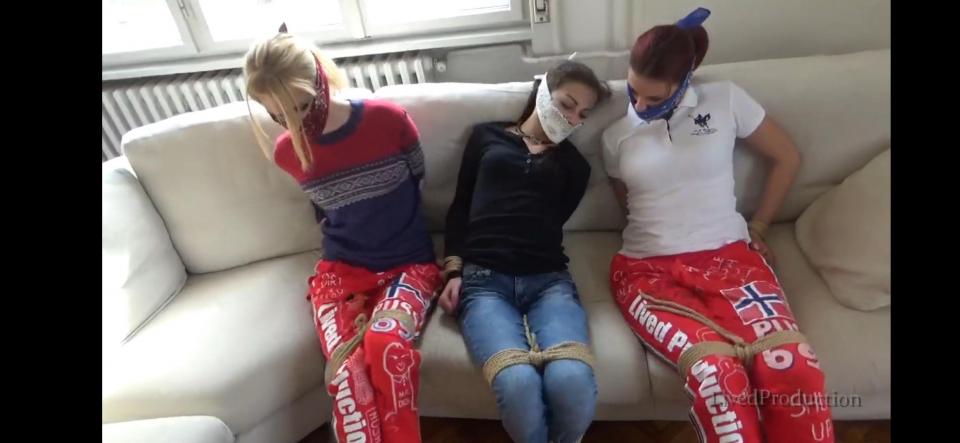 The bandana girls Girls was going out on a puss party, Jessie and Christina was already in the puss jeans. Ally was about to change her clothing also, but they all got robbed and now they are sitting in the sofa all tied up. A bandana is tied over each of the girls mouth so they cant call out for help.<br><br>Clip last for: 07.21