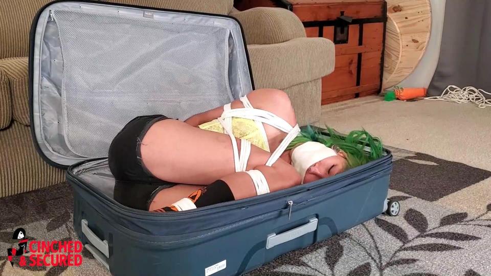Lilith - Suitcase Bound for Travel Lilith knew I had a flight to catch, but she begged me for a little bondage fun before I leave, convincing me that I still have plenty of time to pack AND tie her up! Well, against my better judgement I tied her up extra tight, but now I don't have enough time to untie her before I have to leave, so there is only one alternative! Tie her even tighter and pack her in my suitcase! At first she thinks I am joking, but once I slap a strip of tape over her ball gag and tie her into a tight little ball, she realizes she is about to take a long trip whether sh wants to or not! Once she's crammed into the tiny suitcase, struggling and squealing into her gag, she can only watch in dread as I slowly zip the case shut! Too bad she doesn't know that I changed my plans and will be traveling by bus! Hope she likes riding in the luggage compartment!
