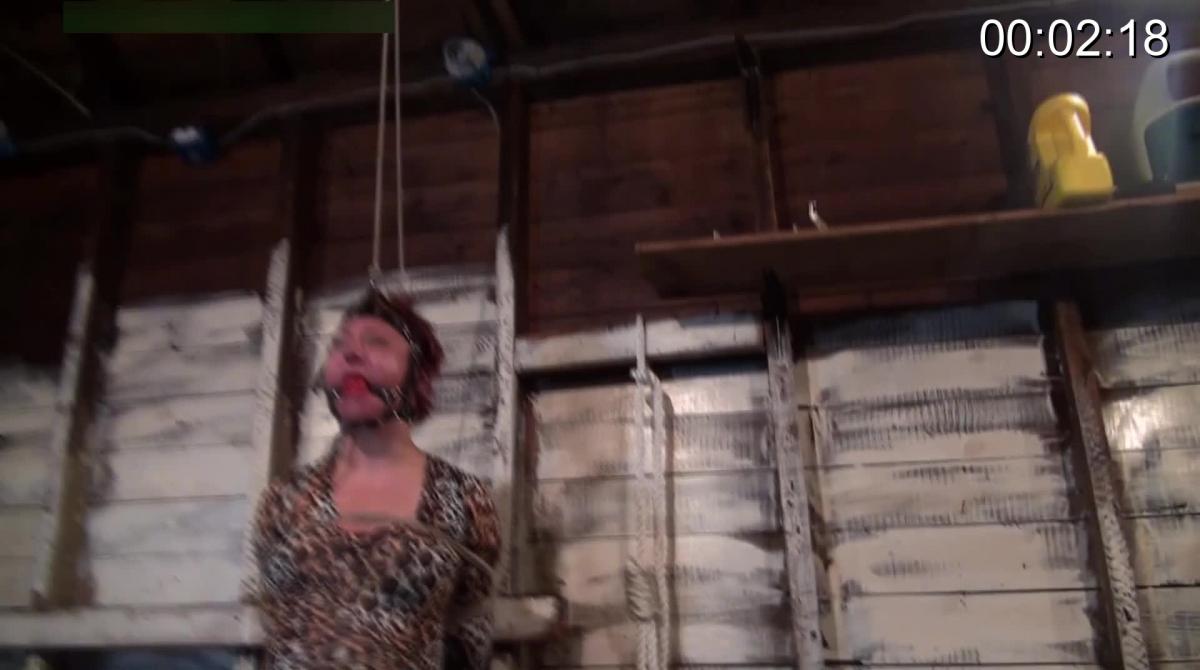 Head harnessed and stretched on her toes by her crotch rope  Lauri finds herself in real trouble in the Hunter's garage, with her arms twisted up painfully behind her back in a brutal reverse prayer and her head lock into a leather head harness holding a large red ball gag deep in her mouth. A rope has been tied to the ring at the top of the head harness gag and then run up through an overhead pulley and tied to the wall. Lauri looks over at the simple knot a few feet away from her useless hands trying to figure a out a way to get the knot unties and her head freed from the rope. But it is completely hopeless and the Hunter comes back and makes things a lot worse. First he pulls the rope attached to her harness gag tighter until she has to stand bolt upright. Ropes are then tied around her waist and pulled deep down into her pantyhose covered crotch. He ties her knees and ankles tightly together then things get really brutal. Another rope is pulled down from another overhead pulley and attached to her crotch rope. He then goes over to a winch attached to the other end of the crotch rope and begins to crank. Lauri can feel the crotch rope cut deeper and deeper into her pussy and ass, spliting her pussy lips in two and threatening to split her in two. The crotch rope is cranked until she has to go up onto her toes and her back is arched and pulled and the head harness stretches her neck. Sweat pours down her face from the stress, strain and pain of the brutal rope bondage. He leaves her alone struggling to maintain her balance up on her toes. The cotton rope begins to stretch from her weight and she gets a little relief from the slack but the Hunter notices her heels touching the floor and cranks the winch up again to pull any and all the slack out of the ropes until she is back on her toes. He leaves poor Lauri there to suffer in the brutal rope bondage.