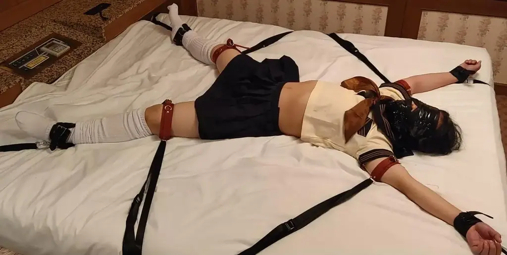 セーラー服姿の女の子が大の字に拘束されて快楽責めに遭う(natsumi) セーラー服姿で手も足も広げられ得た状態で大の字拘束された女の子が、快楽責めされます。首を絞められたりもします。<br>テープで顔をグルグル巻かれています。<br>叫んでもやめてもらえない、非情なまでに続けられる責めに、がまんできず泣きわめきます。<br>かわいそうな姿をごらんください。