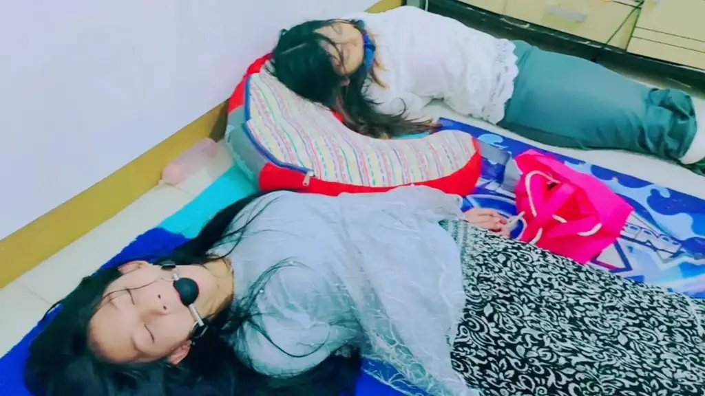“两个女佣被绑起来打扫屋子”，这个女佣被她的雇主惩罚了。 他们能完成工作吗？ 因为主人的古董花瓶坏了，两个仆人的日子不好过。 他们被绑起来，被迫打扫房子。 他们的嘴巴被球和餐巾纸堵住，难以说话。 然后雇主放弃了他们，让他们试试。 仆人们开始四处走动。 他们在整理鞋子和其他东西时上下跳跃。 双腿融合在一起，难以移动。 在扫地和拖地的同时，他们被迫上下跳跃。 他们因不断地跳跃而感到非常疲倦。 女仆们尽管被绑起来，仍继续打扫房子。 他们不想受到更严厉的惩罚，也不想永远做奴隶。