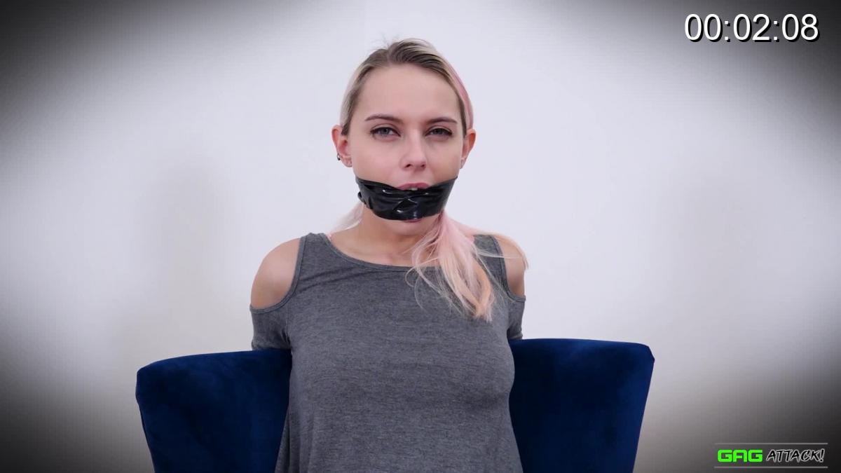 Chloe Toy - PVC Tape Gagged Featuring Chloe Story Chloe starts off with an already applied tight stuffed black PVC tape wrap. She tries to speak through the gag but is unable to do so. Chloe struggles on the chair trying to loosen her wrists but all her attempts are futile. you get a closer look on the tightly applied cleave wrap gag before it is removed by Chloe's captor. Her mouth is stuffed with a huge pack of socks her...
