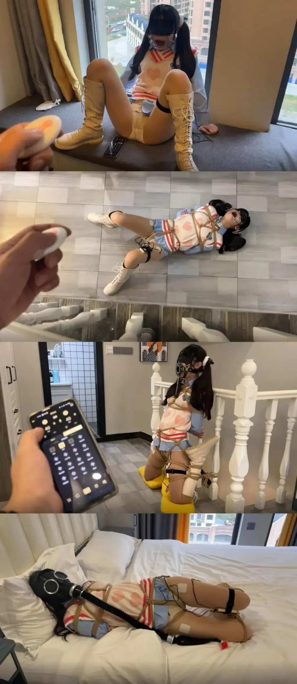 【FXX-甜心少女】凉爽的秋季是雌性动物每年的第二春，六小时的高强度训练换来一句哥哥我还要，我不要面子的？你尿床上还有理了？ 天气凉快了雌性动物都越来越暴露本性了<br>这么主动的测试所有道具还玩嗨了真的是难得<br>长达六个小时的高强度TJ居然还满足不了还想继续<br>百玩不腻的还是你那双180大长腿<br>M的主动准备工作 测试道具<br>自行贴上电击器（久违了郊狼，还是那么给力，电到尖叫）内入TD（这次买的TD这震动无敌（隔着几米都能听见震动的声音，不适合外出携带，会被发现羞羞）六小时进去都没拿出来过，全程GC，下面都湿透了。<br>各种道具测试，娇喘到停不下来， 马具开口器释放的口水自己把玩（有特写镜头）<br>上半身 股绳 任何下半身自由发挥 内置GC <br>电击脉冲 刺激到难以站立（事后访问，下身不停的在流淌着[X_X]，很难熬，但又不想让它停下来）<br>直立跪缚 sp 电击 强高<br>这个姿势是我最喜欢的之一，依靠膝盖支撑起全身本就很痛苦了，还要配合各种道具的伺候，结束后双腿基本上是属于一个完全麻木的状态。<br>最后再加上防毒面具 呼吸袋 负压瓶 <br>小便失禁搞得一床都是还得配清洁费<br>每个阶段都是把强度加到极致，我不善言辞，只愿各位看官观影愉快。