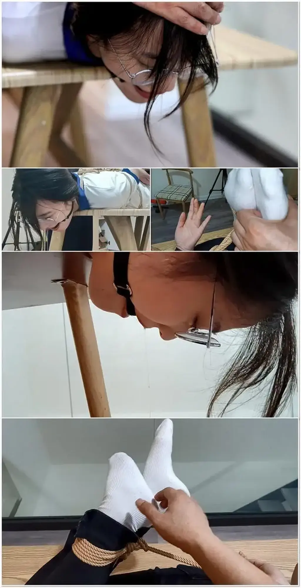 文静第二部，半袖校服眼镜小妹的特殊实习第二季，餐桌上的眼镜学姐，驷马放置、口水收集、虐玩白袜嫩足，恐怖的痒刑和口水美景  