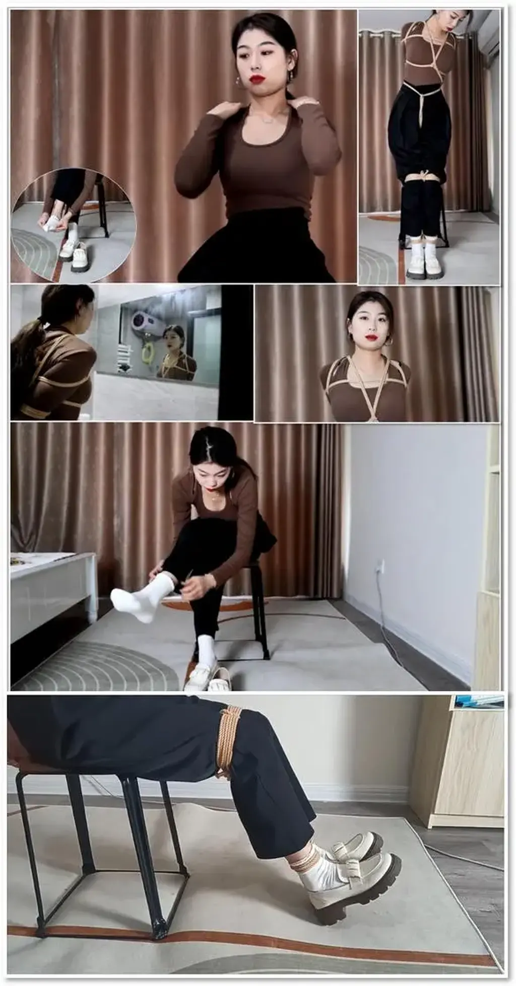 性感小猫晴子试镜，长腿白袜白皮鞋，直臂、股绳、综合测试第一季 Haruko’s first audition season features a sexy, long-legged woman in white socks and white leather shoes undergoing straight-arm, crotch-rope, and combined tests.