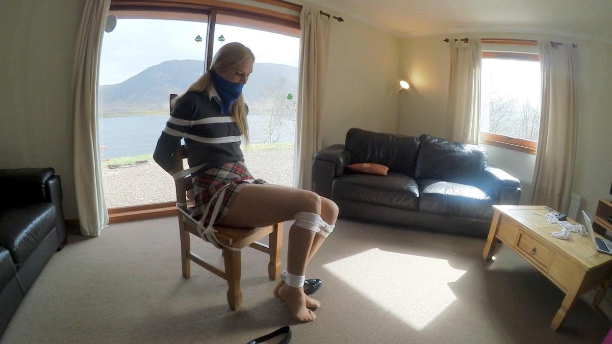 Ariel Anderssen - Schoolgirl Snatched I come round, tied to a chair in a room I've never seen before! I'm still in my school uniform complete with tan pantyhose, but I'm terrified of course, and immediately start to try to figure out a way to get free. My kidnapper's still around though, and comes back in to find me calling for help. That, of course, is a thing he won't tolerate, and he soon stuffs my mouth with rags before cleave-gagging me AND tying a scarf on top to make it totally impossible to call for help! Before he does so though, he makes me call my rich uncle for a ransom, and he photographs me as evidence. Once he leaves, I try to be calm. From looking around the room a little further, I see ocean outside and guess that we must be on an island cos I can see cars on a highway on the opposite shore. So if I can only escape the tight ropes, maybe I can really make a break for it<br><br>Саtеgоriеs:  bondage, shibari, rope bondage, shibaru, suspension, belts, bedtie, hogtied, tight bondage, strict bondage, bound elbows, struggling, ballgagged, helpless.<br>Саtеgоriеs：束缚，绳索束缚，悬挂，腰带，闺蜜，紧束缚，严格束缚，束缚肘部，挣扎，无助。