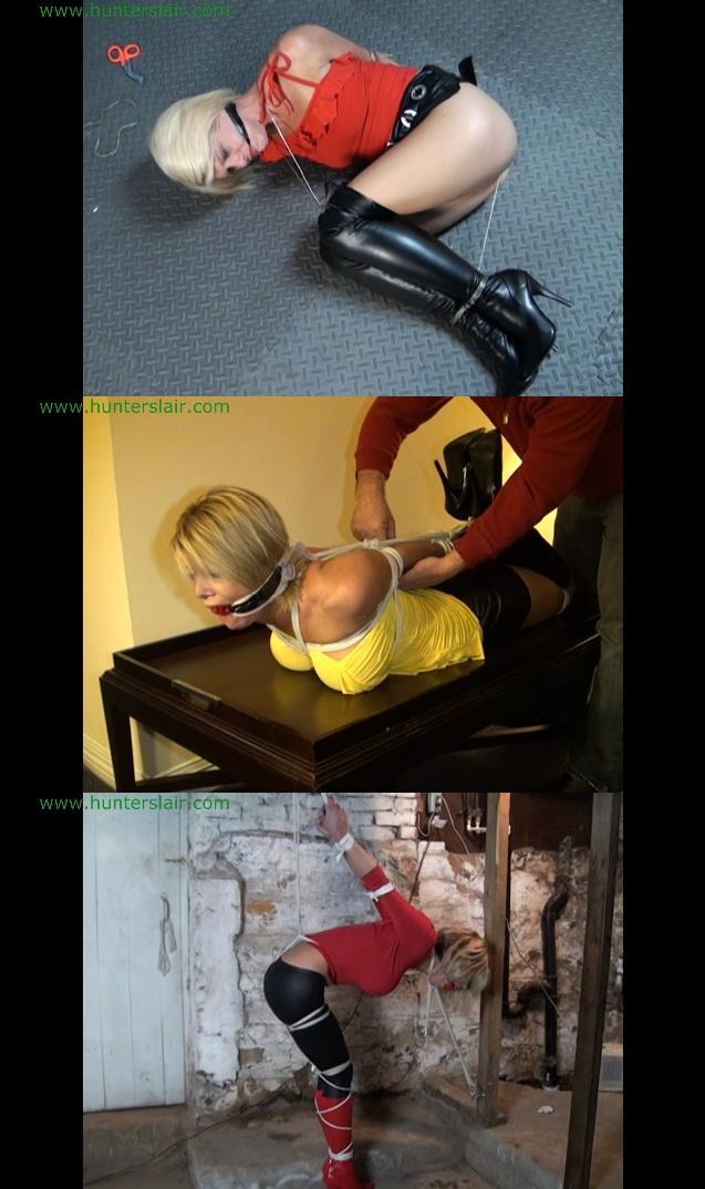 Carissa Montgomery bound in boots collection We've compiled 4 old clips of sexy blonde Carissa wearing sexy boots in her bondage. The first clip features sexy Carissa struggling the old lair in a strict strappado with her boobs tightly bound. Note for you Carissa fans this was the last breast bondage she did before her boob job. The next clip has hot blonde Carissa wearing over the knee boots and a black leather micro mini skirt, bound with evil speaker wire. She is brutally balltied with more wire and left alone to struggle as the wire slices deep into her flesh. Carissa is next hogtied in her hotel room wearing shiny black boots and a shiny black mini skirt.<br><br>