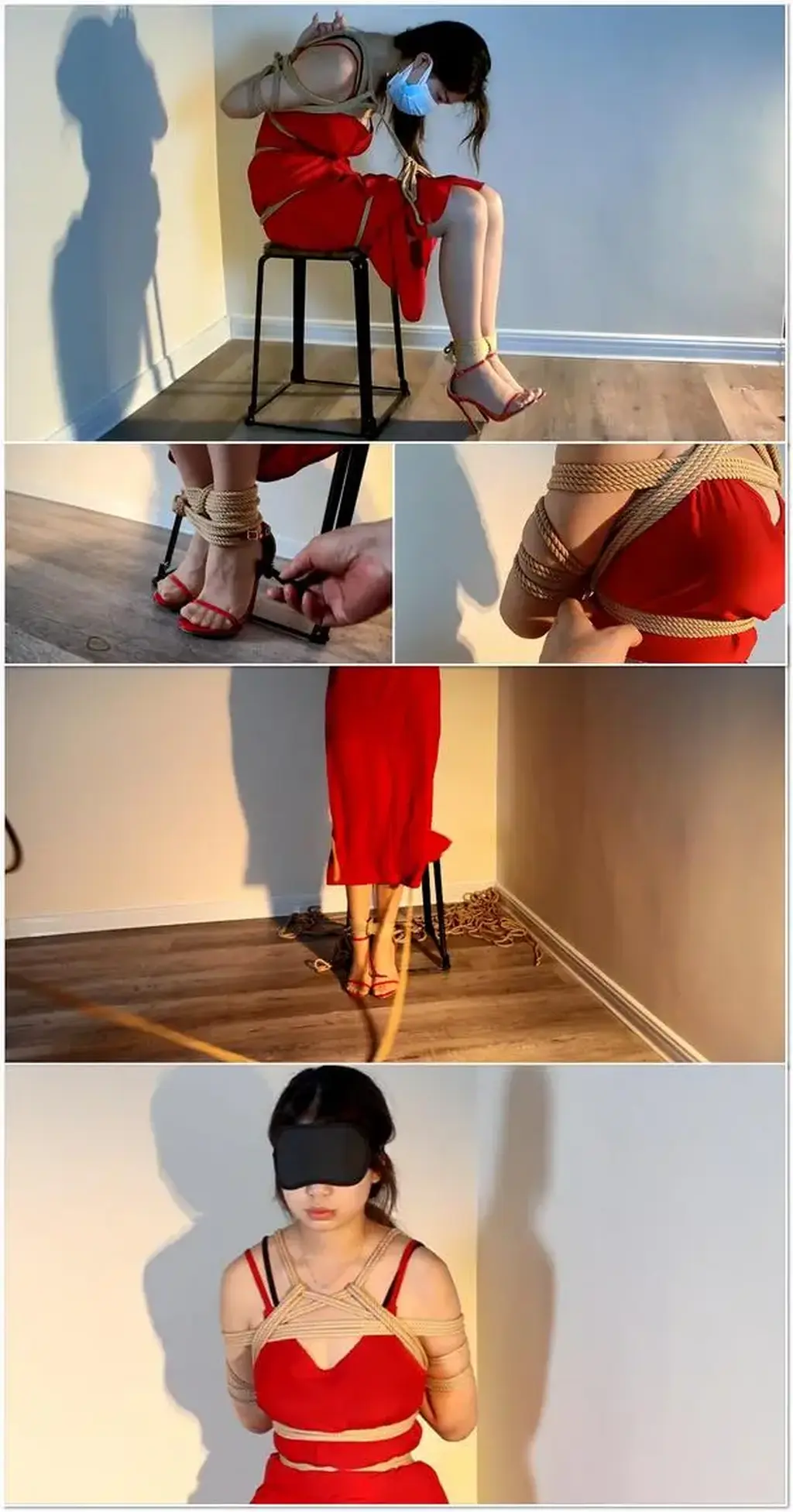 晴子，角落里的红色诱惑第二季，美少女绝美肉丝美足、一字带10CM超高，椅子缚蒙眼+多层口罩[X_X]+叠缚放置、TK  