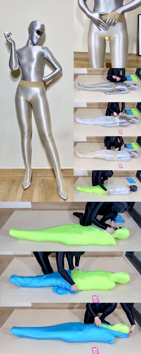 [爱丝袜の凌风姐姐]——2+2の包裹挑战——(银色zentai+无缝油亮丝袜)+(2层丝袜睡袋+2层光泽睡袋)+(跳D+强高+放置) 依旧是大家喜欢的包包包~~<br><br>银zentai和油亮无缝丝的搭配很是视觉冲击，光泽不是一般的好。<br>再利用丝袜的弹性在裆部固定一枚跳D，开启嗡嗡，快乐无边。<br><br>换上开口头套，戴上呼吸嘴。<br><br>先上两层超紧丝袜睡袋。<br>高压包裹，直接压迫胸部，呼吸开始困难起来......<br>被包成油亮丝袜茧的凌风在地上轻微的扭动着......<br><br>再上两层光泽睡袋，拉上拉链。<br>压迫感更强了，凌风呻吟着大口呼吸。<br>小伙伴调好跳D震动模式就离开了，留下凌风在地上呻吟着，扭动着。<br>一阵阵的强高袭来，四肢开始发麻，睡袋里的少女开始赛高抽搐颤抖。<br><br><br><br>PS：<br>服装：银zentai 银高跟鞋 无缝肉丝<br>道具：遥控跳D 油亮丝袜睡袋 光泽氨纶睡袋