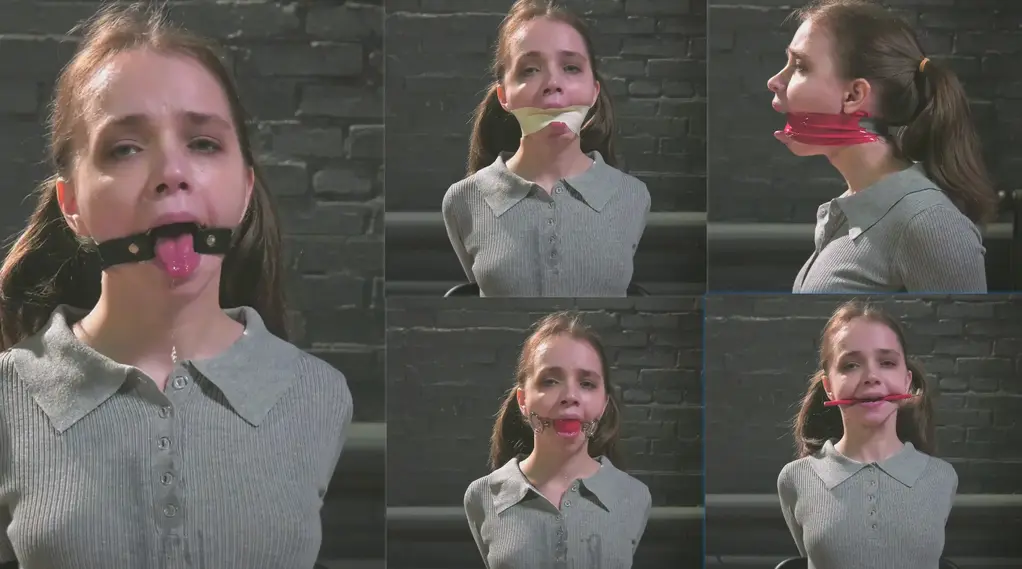 RF Arina - Gag Test 2 - More Gags for Her Stretchy Mouth (UHD 4K MP4) RF studio production 解压：一二三，网盘是未压缩的，超过3GB上传上限<br>By John. Made by request<br><br><br>This clip was filmed 2 years ago, when Arina was 23 - and now, it’s finally being released.<br><br><br>In this unique session, we once again test the limits of Arina’s mouth using a variety of gags and inserts. Arina is seated on a turntable-mounted chair, her arms bound behind her back - though the bondage remains off-screen, as the entire clip is focused on close-ups of her beautiful, expressive face.<br><br><br>To enhance drooling, her lips are first coated with honey. The first test item: a simple pencil, held lightly between her teeth. Each stage is filmed slowly and deliberately - front, side, and profile views - while the rotating base gently turns her for a full visual experience.<br><br><br>After the pencil is removed, her open mouth is wrapped in microfoam tape. Once that is peeled away, her lips are coated with honey once again, preparing her for the next gag - a firm metal ring gag that keeps her mouth wide open and exposed.<br><br><br>From there, Arina is gagged with a large red ballgag, and by now, the drooling intensifies - her blouse is visibly soaked. Her lips receive another layer of honey before the final gag: a soft blue cloth is pushed deep into her mouth, and her lips are sealed shut with bright red tape, forming a "fish mouth" shape - an aesthetic, pouty indentation that closes the session.<br><br><br>A slow, sensual, drool-filled gag exploration - enjoy!