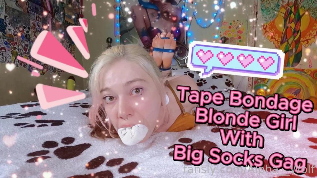 Tape Bondage Blonde Girl With Big Socks Gag Sweet_Sansarella<br>Another helpless girl video, in which I am  hogtied feet up with socks in my mouth instead of a gag, gradually increasing the number of socks in my mouth. Also in the video, my nose is periodically pinched for a while while I am hogtied with a gag. hot video for lovers of hogtied helpless girl and breath games