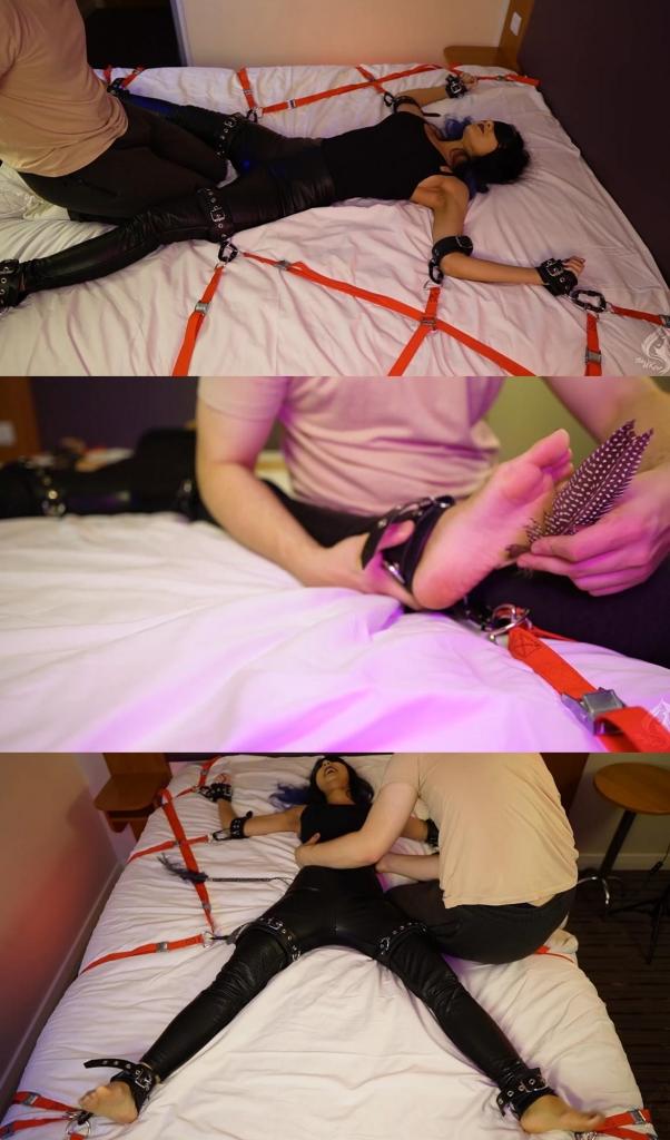 The Silent Treatment Part 2 - Jezebel Lee 大字拘束tk<br>The second part of Jezebels stay still and silent challenge. Of course, in part 1, she fails spectacularly and is now set to suffer her punishment. Four more leather cuffs are added and cinched down with multiple straps each to the bed, completely restricting her movement. Jezebel now has to endure over 15 minutes of tickling, with no part left untouched, and a close-up focus of her upper body and belly near the end.