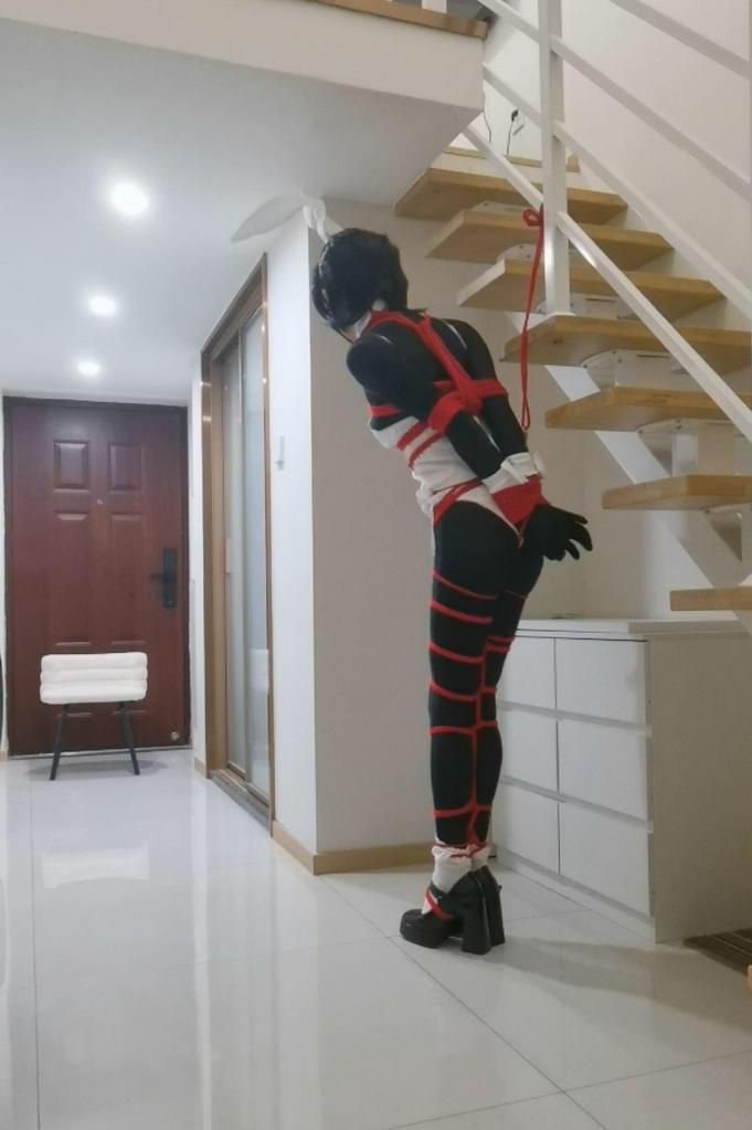 兔女郎蹦蹦跳跳拿钥匙的直臂并腿自缚 试下兔女郎的衣服，绑个并腿鞋子也一起绑好，固定好zd棒,上半身直臂，手腕固定绑在股绳上绳头锁上，凳子放在远处，钥匙挂在够不到的高度，站在凳子上才可以，然后蹦蹦跳跳的去推凳子拿钥匙~然后就想多了，并腿根本上不去凳子，还好备了剪刀~ <span style='color:#b0b0b0;'>[隐藏文字，购买后可见]</span>