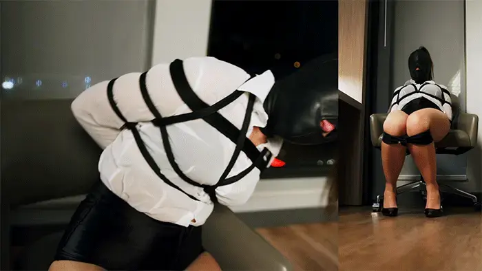 Rachel Adams 35 - Suffering the Hood Again Something's got Rachel in a fit. Maybe it was being tied and gagged? Or maybe she didn't appreciate the added hood. How ungrateful! Whatever the case may be she's struggling like a wild one. While her knees are bound, her ankles are not. She could try to make a run (waddle?) for it but it's the hood that keeps her from trying.<br>Soon that option is off the table as I tie Rachel's ankles together. She loses her heels, letting her pantyhose-feet slide across the hard floor. So much for traction!<br><br>In fairness she does make a mess of the ropes. Given time she might escape. So I suppose it's up to me to make sure that never happens!
