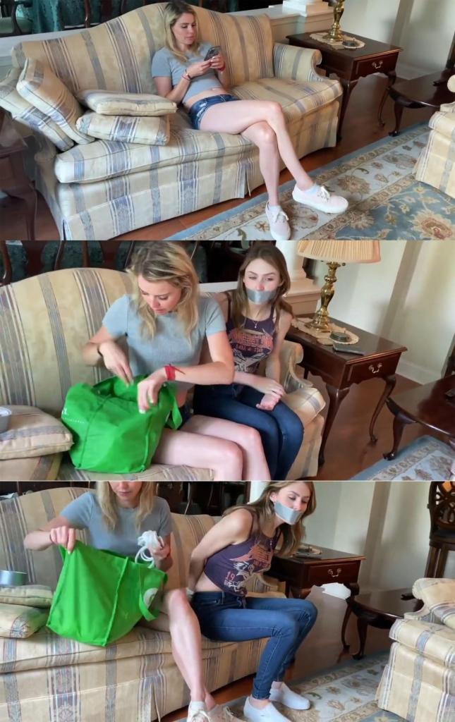 Tied Talette from Step-sister Bound MP4-Kody Evans binds London in rope and tape gag Tied Tales<br><br>Talettes are clips from our full length videos for those of you who want to pick the scenes you like at a lower cost. In this talette, London Evans relishes in her new job as a fetish model, the feeling of control and power pulsing through her veins. However, her step-sister Kody stumbles upon scandalous pictures of London on the internet, causing a confrontation between the two. The tension thickens as London eventually admits to her new bondage modeling career and persuades Kody to give it a try.<br><br>With hesitant hands, Kody retrieves ropes from the nearby shelf and carefully ties up London, who is now seething with anger. She struggles against the restraints, but Kody silences her protests with a quick strip of duct tape over her mouth.