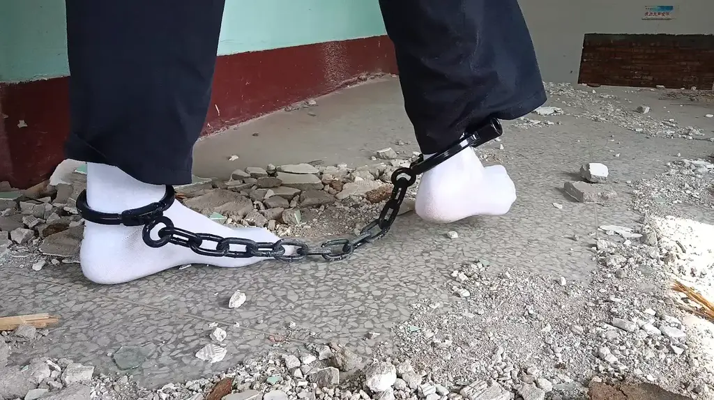 在废墟里换着戴两副脚镣散步，踩脏白棉袜 在废墟里戴着脚镣散步，踩脏白袜，第一幅脚镣是1.5kg的，属于死刑镣，第二幅是5kg的砝码镣，属于惩罚镣，戴着走还是挺累的