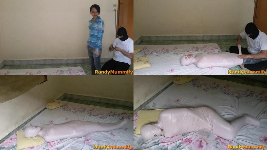 [POV] Main Scene Of RandyMummify RM010 A girl tries to be mummified at her house.<br>The girl's entire body was wrapped tightly using white duct tape and then laid on the mattress.<br>This girl was frightened and tried to struggle until she finally managed to tear off the duct tape that was embossed in her body.
