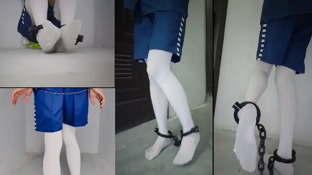 在地下室穿白丝囚服戴手铐脚镣，差点被发现（四合一） 第一次把服装搞得这么全，挑了一个晚上拍，想着应该没人，在外头走路的时候听到电梯过来了，血都凉了！幸亏没有人发现。一共是四段视频拼起来的，每一段和另一端之间都有小间隔，方便截取为单独的视频
