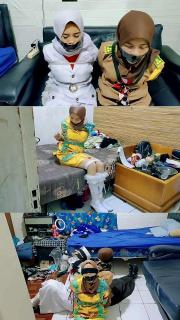 Three School Girls Tied Together Three Hijab-Wearing School Girls Tied Together in a Room with Rope