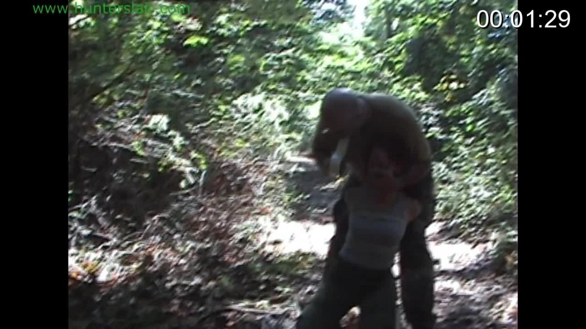 Hunted prey Jynx has escaped into the woods, but her arms are still painfully immoblizied behind her back crushing her elbows together. Layers of duct tape seal her mouth. Running in woods wearing stiletto heeled thigh high boots was difficult enough. But with her arms uselessly bound behind her back and the duct tape sealing her mouth maked catching her breath difficult. Jynx realizes that if she is to get very far she has to get the tape off her mouth. She finds a tree and frantically tries to work the tape off by rubbing on the bark. After what seems an eterinty she finally is free of the tape and sucks in a lung full of air. She continues her escape attempt running down the forest path. But she doesn't get far as the Hunter is hiding along the trail behind a tree and as she passes he pounces on his prey. He regaggs poor tiny Jynx with more tape then pushes her to the ground and binds her knees and ankles. The Hunter lifts his prey over his shoulder and carries her away deeper into the forest as she kicks and cries helplessly over his shoulder. <br><br>He soon tires of carrying her and puts her down to untie her legs. A rope lead is tied around her neck, Jynx is marched up the trail with her arms still cruelly bound behind her back, the duct tape stifles her curses and pleading. Her high heeled boots slide along the gravel as he leads her along to her final destination. He grabs her by the hair and assists her up the railroad embankment. Jynx's futile struggles are easily overpowered by his brute strenth as he has her to kneel between the tracks. Her rope leash is tied off to one rail and her bound hands are tied to the other rail. Jynx now kneels helplessly between the rails in dire peril when the train comes. The Hunter walks away laughing as Jynx panic stricken fights the cruel ropes. As she struggles she manages to hook one of her high heels in the knots of the rope holding her wrists to the rail. Will she be able to work the knots free with just using her high heels before the train comes?