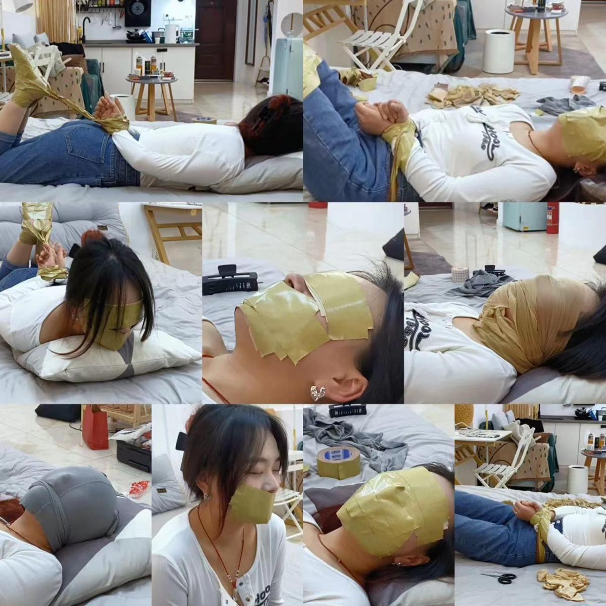 【缚艺录】【定拍】【珊珊的绳艺日记6】先来一层肉色胶带，捆严实、封嘴后、肉色丝袜接着堵嘴、蒙眼；再来一层灰色丝袜套头，最后胶带封全脸，珊珊很享受~ 1.周更视频，致力于拍摄gagpara的风格，【缚艺录】老观众懂得都懂~<br>2.接长期定拍，价格优惠，非诚勿扰，加好友备注来意，QQ：1144600542<br>3.不接受裸露X器官，大尺度等，只接受正常捆绑娱乐的内容；部分模特出于隐私考虑，不出镜。<br>4.压缩包密码：wkswks<br>5.祝各位同好，身体健康，生活美满