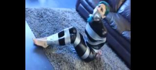 Latex girl taped up barefoot 胶带捆绑