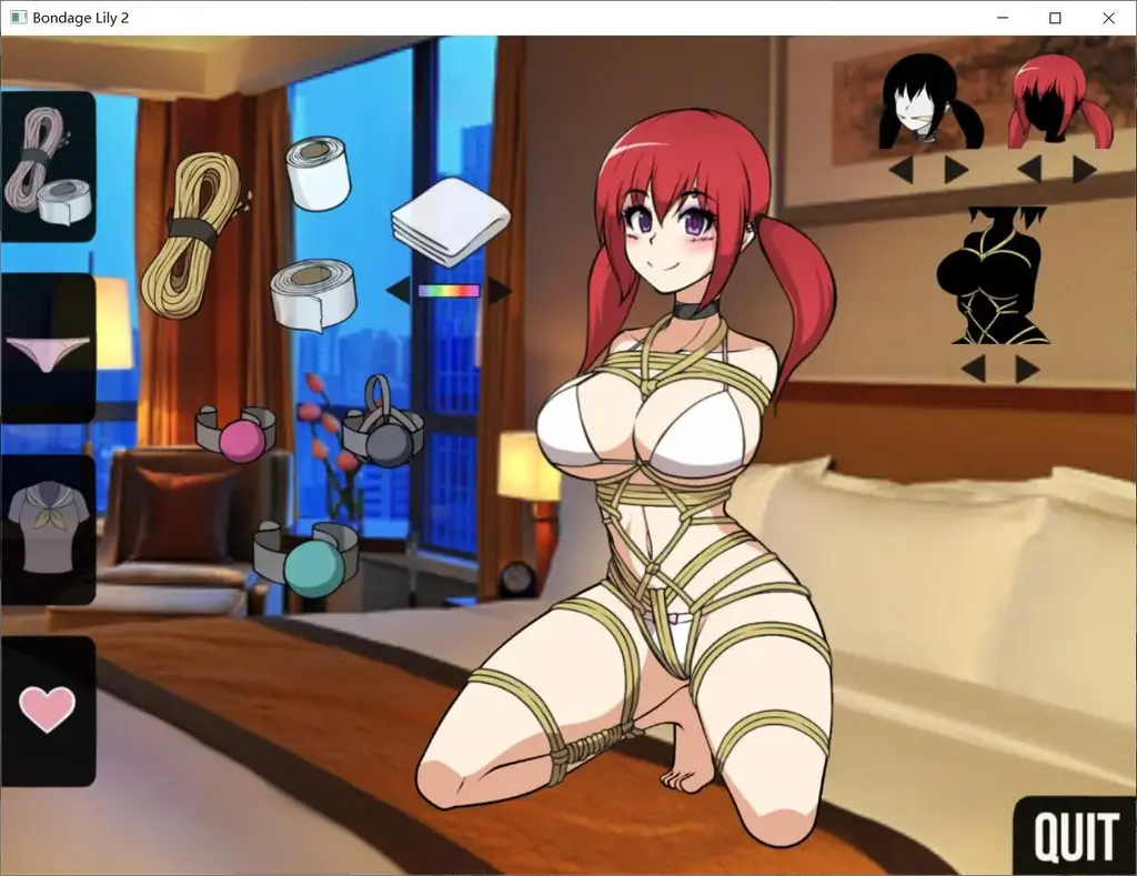 bondage lily 2 bondage lily 2<br>z跳过对话，s直接开始，是电脑游戏不是手机游戏<br>Click and drag to use items.<br>Right-click to remove stuff.<br>Right-click on some items to change their color.<br>Right-click on Lily's head to change her hairstyle.<br>Press M or click the little music note in the top-right to mute the music.<br>Press W to toggle windowed mode.<br>Press Esc to close the game at any time.