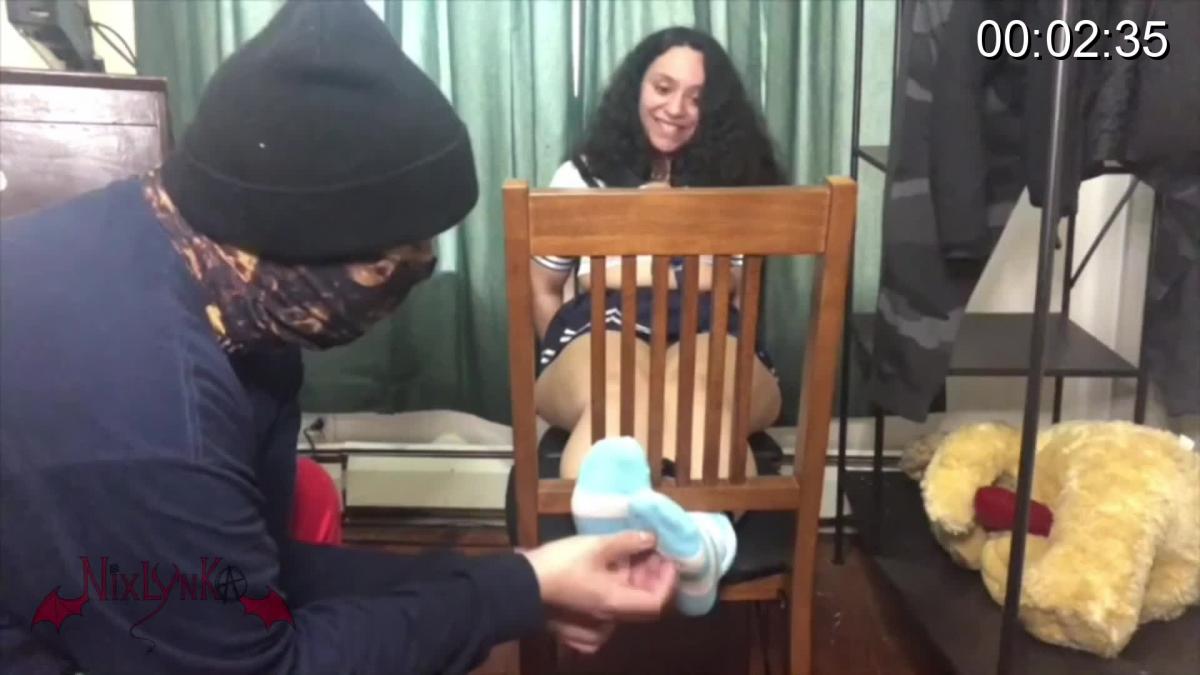 Bad School Girl Gets Tied Up &amp; Tickled ANY FOOT TICKLE FANS? Here is my new FOOT TICKLE fetish video! I'm such a bad student in school and I don't give a fuck, but now as a senior and being left back already once I know I have to graduate. I'm sent to the principal's office and told I'm going to be punished promptly for my bad behavior or I will have my parents called and be expelled. The verdict is tickle punishment. This horrible man removes my socks after tying me up to a chair and unable to move and begins tickling my feet! With his hands he then rubs oil which makes my feet even MORE sensitive to tickles! I laugh so much and cringe and scream to be free while bad mouthing him to let me go! He then uses an assortment of tickle punishment tools like a comb, brush, and much more until I surrender!