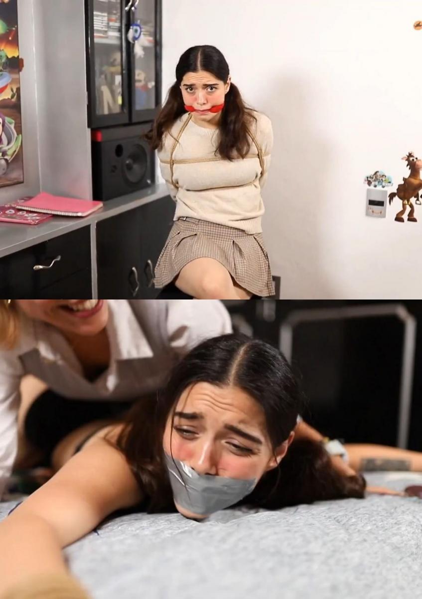 DHAWBV4 The Study Session Donna Honey和Ashley West是上同一所学校的好朋友。他们聚在一起学习考试，但出于不想学习的纯粹习惯，Donna Honey决定和Ashley West一起玩一玩。她把阿什利绑在身后，双手用绳子绑住，双腿交叉，用红色的劈叉塞住。过了一会儿，Donna Honey感到无聊，于是她把Ashley West绑在床上。双臂伸展，双脚并拢，银色胶带卡住了。Donna Honey以Bastinado和Falaka的形式与Ashley玩得很开心…Donna Honey and Ashley West are best friends going to the same school. They get together to study for a test but out of pure habit of not wanting to study, Donna Honey decides to have a little fun with Ashley West. She ties Ashley with rope hands behind her back, legs crossed and a red cleave gag. After a while, Donna Honey gets bored so she gets Ashley West tied to a bed. Arms stretched out, feet together and silver tape gag. Donna Honey has some fun with Ashley in the form of Bastinado and Falaka…<br><br>