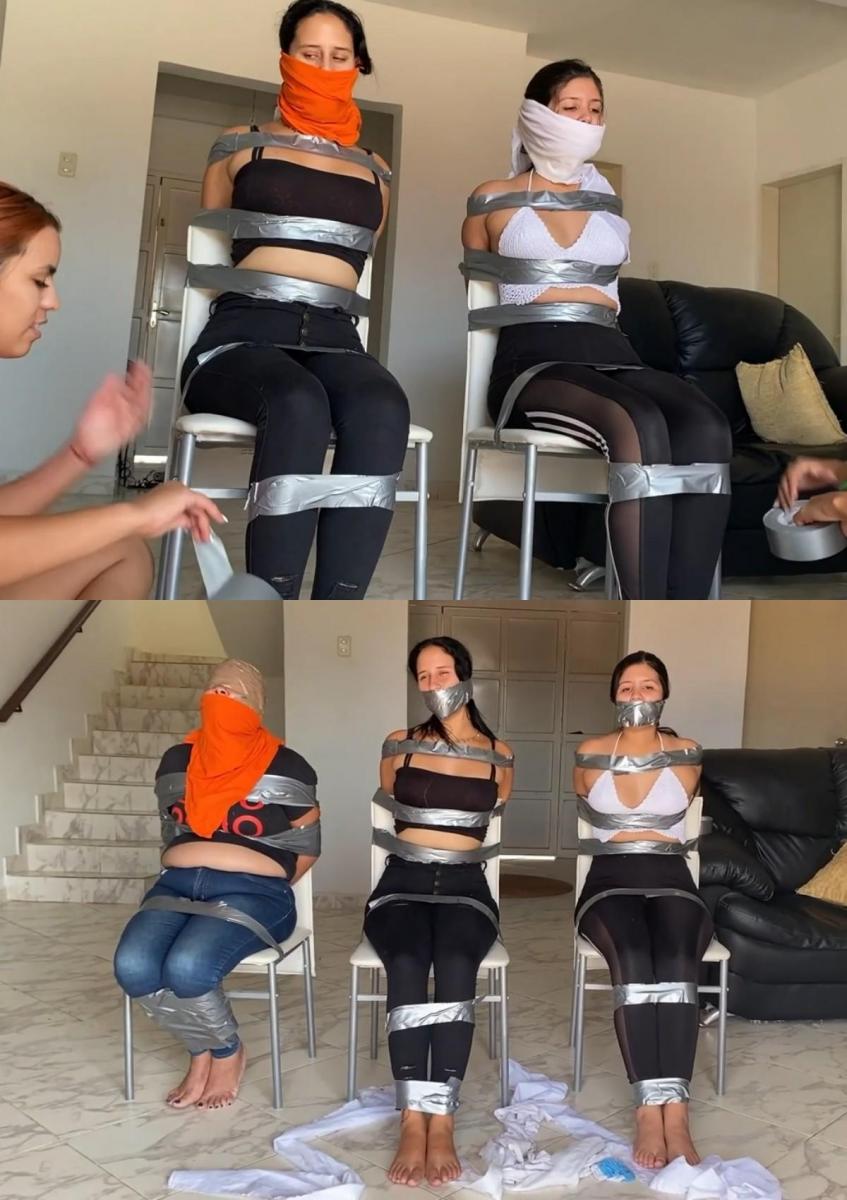 Stepmom Hired Some Bondage Girls To Keep Us All Tied Up And Gagged! 性感的MILF继母Lau与Mary和Khloe坐在沙发上。玛丽和科勒想被绑起来，让刘把他们绑起来。Lau说她已经制定了其他计划，并雇佣了一些女孩来把她们都绑起来！<br><br><br><br>Lau说，她指导女孩们把自己的身体绑得很好，以显示她们将在哪里/如何被绑。Lau说Mary和Khloe会得到布插科打诨，她说她觉得穿在他们身上会很可爱。Lau说，她会用很多胶带把嘴裹起来，让自己闭嘴，假装头被裹起来，双手紧紧地捂住嘴。刘告诉女孩们，当刘上楼时，她们每个人都会在最意想不到的时候被抓住。。。<br><br><br><br>Lau走进卧室，立刻被Laika和Penelopé抓住，推到床上！女孩们多次将刘德华的手腕绑在背后，刘德华告诉她们要把手腕绑紧。他们让她坐起来，用胶带粘上她的胸部/腹部和手臂，因为刘告诉他们要多用胶带。佩内洛普只用胶带封住了刘的脚踝。<br><br><br><br>刘告诉女孩们要多次捂住嘴，说不要犹豫。佩内洛普用袜子把刘的嘴塞得满满的。莱卡随后多次抱住刘德华的头，刘德华鼓励她继续前行。Penelopé和Laika说他们会找到Mary和Khloe，并告诉Lau一个惊喜即将到来。。。他们离开了，Lau测试了她的束缚，很快就吐了出来，她试图挣脱双臂，对着自己的呕吐物咕哝！<br><br><br><br>突然，刘德华的女仆阿加塔走了进来，嘲笑刘德华。刘很困惑，阿加塔的朋友告诉她，她实际上雇佣了莱卡和佩内洛佩来捆绑刘！阿加塔说她已经厌倦了被刘德华指手画脚和批评！阿加塔捏着刘德华的嘴，说她想堵住刘德华多久了。刘怒斥阿加塔，阿加塔只是嘲笑她不会说话。阿加塔和刘坐在一起，和她一起玩玩具。。。<br><br><br><br>与此同时，科勒和玛丽穿过房子时，科勒突然被莱卡用手枪抓住，玛丽被佩内洛普用手枪抓住！莱卡和佩内洛普把女孩们带到客厅，让她们俩坐在椅子上。佩内洛普用胶带封住玛丽的手腕，莱卡在椅子后面用胶带封住科勒的手腕。然后，莱卡用一团袜子堵住科勒的嘴，并用3块布堵住她的嘴：1块切肉、1块OTM和1块OTN！然后佩内洛普对玛丽做了同样的事。。。<br><br><br><br>莱卡重重地把科勒的尸体粘在椅子上，佩内洛普则把玛丽粘在身上。玛丽和佩内洛普在录音时开玩笑地互相交谈！<br><br><br><br>回到卧室，Agata把Lau脚踝上的胶带取下来，让她可以走路了。阿加塔扶她站起来，告诉她开始走路，而刘愤怒地冲着她。阿加塔带着刘走下楼梯，在那里她看到佩内洛普双手放在玛丽的肩膀上站着，而莱卡也和科勒摆出了同样的姿势！<br><br><br><br>他们给刘带来了另一把椅子，让她坐在椅子上。阿加塔告诉莱卡和佩内洛佩把刘带到椅子上。当他们保护Lau时，Agata去检查/收紧Mary和Khloe的插科打诨，并说他们看起来多么可爱。一旦刘安全了，阿加塔告诉莱卡和佩内洛佩录下玛丽和科勒的嘴巴！<br><br><br><br>莱卡解开科勒的布条，用胶带多次包裹她的头部。阿加塔坐在刘德华的腿上，继续捏着她的呕吐物/脸，和她一起玩。然后，佩内洛普去掉玛丽的布条和嘴塞。玛丽要求先用胶带撕开几层，佩内洛普坐在玛丽的腿上。玛丽张大嘴巴，佩内洛普在牙齿之间裹了三四次，然后在嘴上裹了11-12次。当莱卡和科勒一起玩的时候，佩内洛普捏住了玛丽的嘴并拥抱了她！<br><br><br><br>刘通过插科打诨诅咒阿加塔，于是阿加塔抓起一卷棕色胶带递给莱卡。她告诉莱卡把刘的头包起来，希望能让她闭嘴。当阿加塔嘲笑刘德华时，莱卡裹住刘德华的头，留下鼻子和眼睛。<br><br><br><br>莱卡检查了科勒的插科打诨，并在插科打骂前与她吻别。佩内洛普检查了玛丽的插科打诨，并对玛丽做了同样的亲吻/拍打。阿加塔拍了拍刘德华被胶带封住的头，让刘德华批评她的清洁行为！Lau只能愤怒地在录音带下咕哝，Agata笑着说她需要一劳永逸地让Lau闭嘴。。。<br><br><br><br>阿加塔抓起一块橙色的布，打着领带，在刘被胶带封住的脸上插科打诨。然后，阿加塔用更多的棕色胶带多次包裹住刘的眼睛，完全蒙住了她的眼睛！阿加塔离开时拍了拍刘的头。玛丽和科勒开玩笑地扭动着对方，而刘在她的插科打诨下咕哝着，因为她没能挣脱。。。Sexy MILF stepmom Lau is sitting on the couch with Mary and Khloe. Mary and Khloe want to be tied up and ask Lau to tape them up. Lau says she's made other plans though and has hired some girls to tie them all up!<br><br>Lau says she instructed the girls to tape their bodies up really well showing where/how they will be taped. Lau says Mary and Khloe will be getting cloth gags, saying she thought it would look cute on them. And Lau says that she will be getting her mouth wrapped with lots of duct tape to shut her up, miming her head being wrapped and putting both her hands tightly over her mouth. Lau tells the girls that each of them will be grabbed when they least expect it as Lau goes upstairs...<br><br>Lau walks into the bedroom and is immediately grabbed by Laika and Penelopé and pushed onto the bed! The girls tape Lau's wrists behind her back many times as Lau tells them to make it tight. They sit her up and tape her chest/stomach and arms as Lau tells them to use more tape. Penelopé tapes just Lau's ankles.<br><br>Lau tells the girls to wrap her mouth many times, saying not to hold back. Penelopé stuffs Lau's mouth with socks until it's completely full. Laika then wraps Lau's head multiple times as Lau encourages her to keep going. Penelopé and Laika say they're going to get Mary and Khloe and tell Lau a surprise is coming for her... They leave and Lau tests her bonds and gag real quick as she tries to break her arms free and grunts into her gag!<br><br>Suddenly Lau's maid Agata walks in and laughs at Lau. Lau is confused and mmpphhs at Agata who tells her that she actually hired Laika and Penelopé to tie Lau up! Agata says she is tired of being bossed around and criticized by Lau! Agata squeezes Lau's mouth as she says how long she has wanted to gag Lau. Lau angrily mmpphhs at Agata who just mocks her for not being able to talk. Agata sits with Lau and toys with her...<br><br>Meanwhile Khloe and Mary are walking through the house when Khloe is suddenly handgagged by Laika, and Mary is handgagged by Penelopé! Laika and Penelope lead the girls to the living room and sit them both in a chair. Penelopé tapes Mary's wrists as Laika tapes Khloe's behind the chair. Laika then stuffs Khloe's mouth with a wad of socks and gags her with 3 cloths: 1 cleavegag, 1 OTM gag and 1 OTN gag! Penelopé then does the same thing to Mary...<br><br>Laika heavily tapes Khloe's body to the chair as Penelopé tapes Mary. Mary and Penelopé playfully talk to each other as they are being taped!<br><br>Back in the bedroom, Agata removes the tape from Lau's ankles, allowing her to walk. Agata helps her stand and tells her to start walking as Lau angrily mmpphhs at her. Agata walks Lau down the stairs where she sees Penelopé standing Mary with her hands on her shoulders, as Laika poses the same with Khloe!<br><br>They bring over another chair for Lau and sit her in it. Agata tells Laika and Penelopé to tape Lau to the chair. As they secure Lau, Agata goes and checks/tightens Mary and Khloe's gags and says how cute they look. Once Lau is secure Agata tells Laika and Penelopé to tape Mary and Khloe's mouths!<br><br>Laika removes Khloe's cloth gags and wraps her head multiple times with duct tape. Agata sits on Lau's lap and continues squeezing her gag/face as she toys with her. Penelopé then removes Mary's cloth gags and mouth stuffing. Mary requests a few cleave wraps with the duct tape first and Penelopé takes a seat on Mary's lap. Mary opens her mouth wide and Penelopé wraps between her teeth 3 or 4 times before wrapping over her mouth 11-12 times. Penelopé squeezes Mary's gag and hugs her while Laika toys with Khloe!<br><br>Lau curses Agata through her gag so Agata grabs a roll of brown tape and gives it to Laika. She tells Laika to wrap Lau's head to hopefully shut her up more. Laika wraps Lau's head leaving her nose and eyes free as Agata laughs at Lau.<br><br>Laika checks Khloe's gag and bonds and kisses her goodbye on the gag before smacking it one last time. Penelopé checks Mary's gag and bonds and does the same kiss/smack to Mary. Agata smacks Lau's taped head and asks Lau to criticize her cleaning now! Lau can only angrily grunt under the tape, and Agata laughs and says she needs to shut Lau up once and for all...<br><br>Agata grabs an orange cloth and ties at as an OTM gag over Lau's tapegagged face. Agata then wraps over Lau's eyes with more brown tape several times, completely blindfolding her! Agata smacks Lau's head as she leaves. Mary and Khloe playfully squirm with each other as Lau grunts under her gag as she fails to break free...<br>